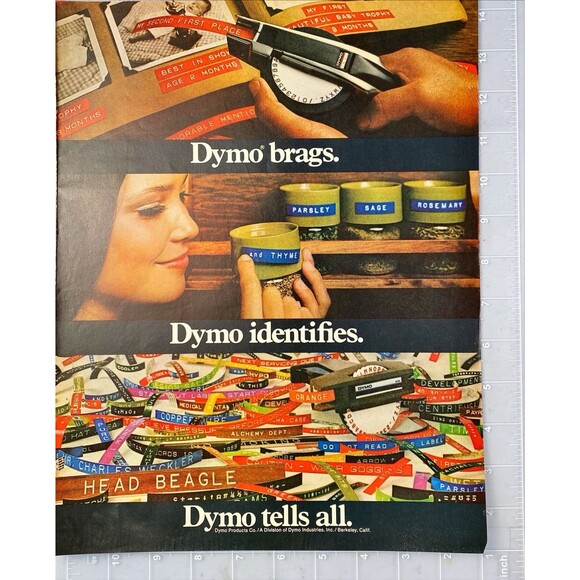 DYMO Label Gun "DYMO Brags Identifies Tells All" Vintage Print Ad 1970 - Picture 2 of 3